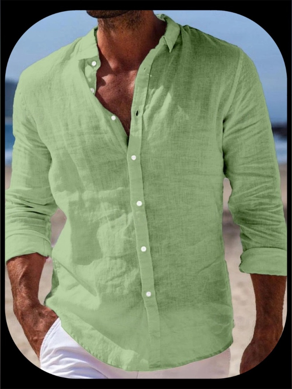 Ouku Men’s Cotton Linen Button Up Long Sleeve Shirt Green Sz M Coastal Casual